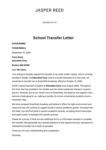 Free School Transfer Letter Template to Edit Online