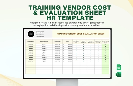Training Vendor Cost & Evaluation Sheet HR Template