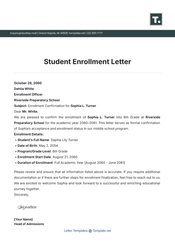 Free Student Enrollment Letter Template to Edit Online