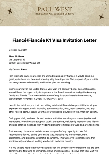 Free Fianc??/Fianc??e K1 Visa Invitation Letter Template to Edit Online