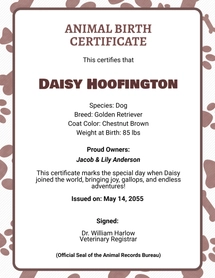 Free Animal Birth Certificate Template to Edit Online | Template.net