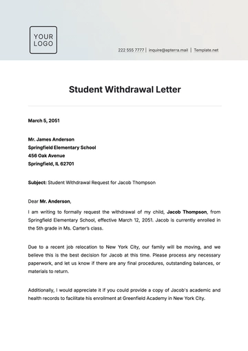 Free Student Withdrawal Letter Template to Edit Online
