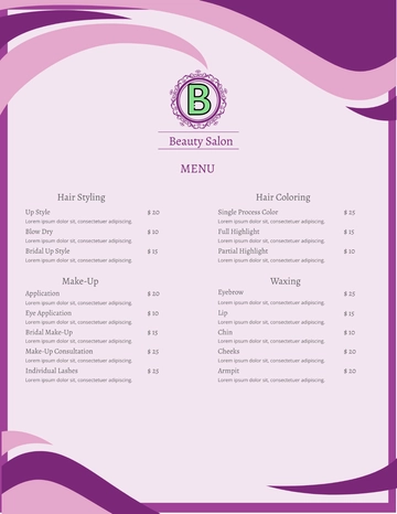 Free Salon Menu Template to Edit Online