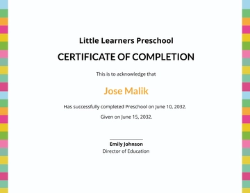 Free Preschool Completion Certificate Template to Edit Online