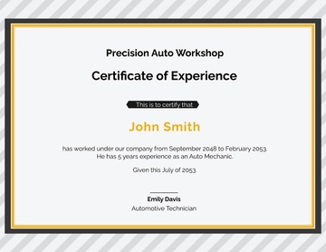 Free Car Workshop Experience Certificate Template to Edit Online
