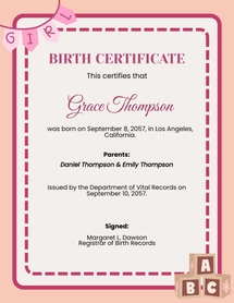 Free Girl Birth Certificate Template to Edit Online | Template.net