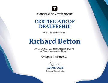 Free Dealership Completion Certificate Template to Edit Online
