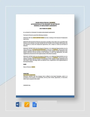 Board Resolution Authorizing The President To Renew Employment Agreement Template