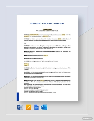 Resolution For The Subscription And Issuance Of Shares Template