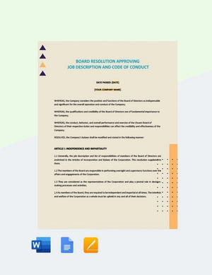 Board Resolution Approving Job Description & Code Of Conduct