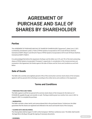 Agreement Of Purchase And Sale Of Shares By Shareholder Template