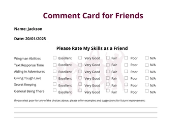 Free Friends Comment Card Template to Edit Online