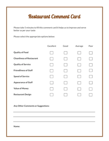Free Restaurant Comment Card Template to Edit Online