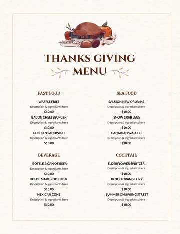 Free Thanksgiving Dinner Party Menu Template to Edit Online