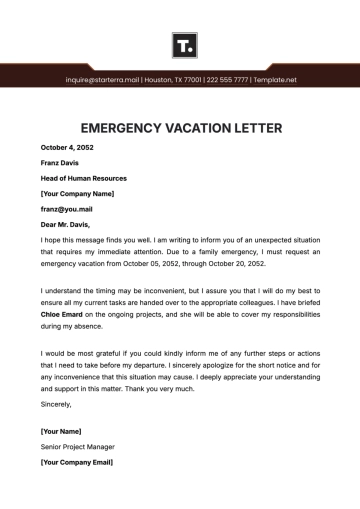 Free Emergency Vacation Letter Template to Edit Online