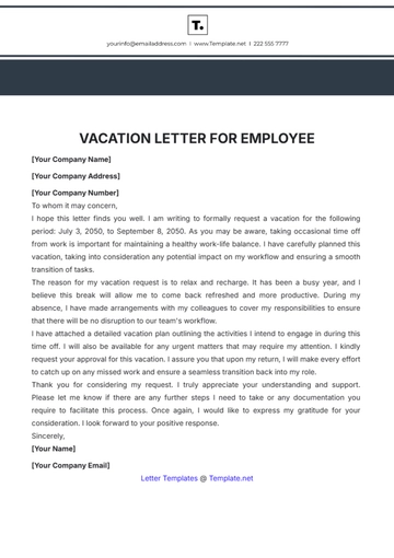 Free Vacation Letter for Employee Template to Edit Online