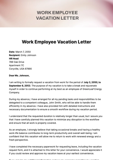 Free Work Employee Vacation Letter Template to Edit Online