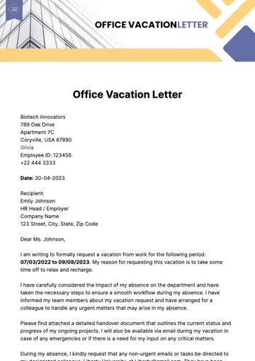 Free Office Vacation Letter Template to Edit Online