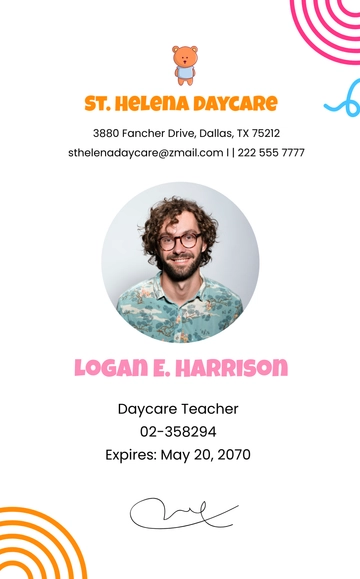 Free Daycare Teacher ID Card Template to Edit Online