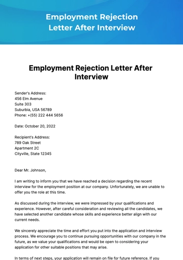 Free Employment Rejection Letter After Interview Template to Edit Online
