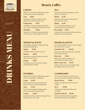 Free Cafe Coffee shop Flyer Menu Template to Edit Online