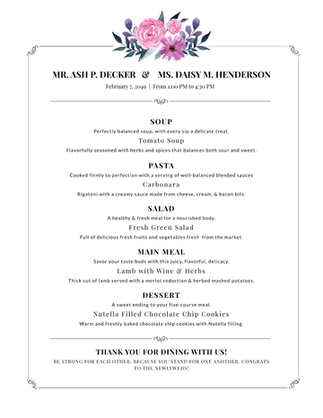 Free Downloadable Wedding Menu Template to Edit Online