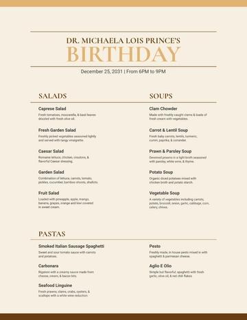 Free Classy Classic Birthday Menu Template to Edit Online