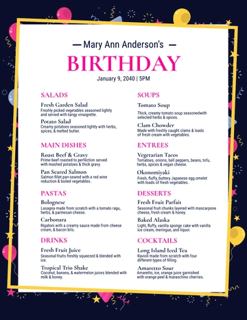 Free Dinner Birthday Menu Template to Edit Online