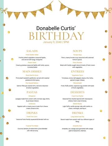 Free Party Birthday Menu Template to Edit Online