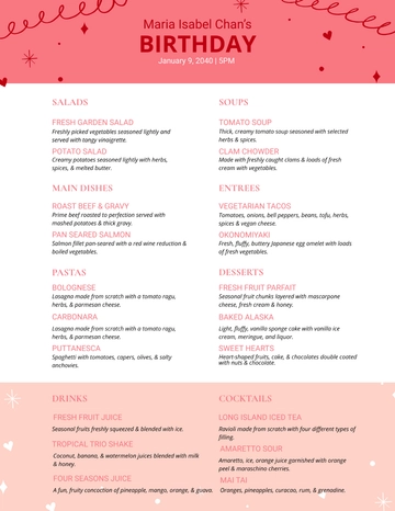 Free Pink Birthday Menu Template to Edit Online