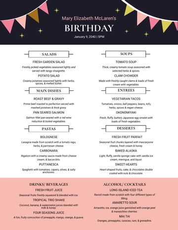 Free Pretty Birthday Menu Template to Edit Online