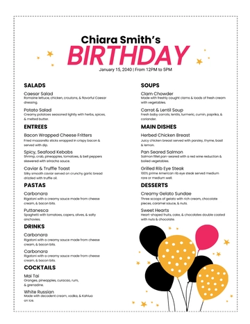 Free White Birthday Menu Template to Edit Online