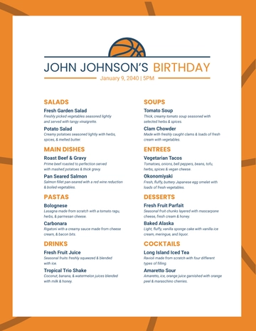 Free Basketball Birthday Menu Template to Edit Online