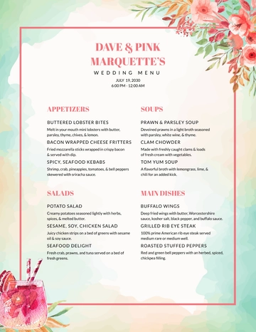 Free Cocktail Wedding Menu Template to Edit Online