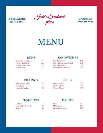Free French Sandwich Sub Menu Template to Edit Online