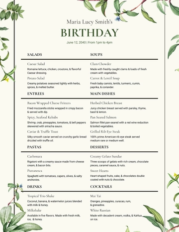 Free Healthy Birthday Menu Template to Edit Online