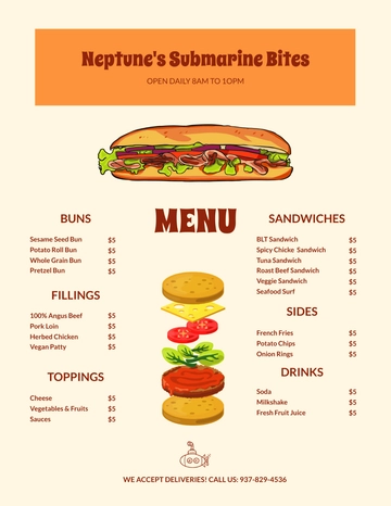Free Submarine Sandwich- Sub Menu Template to Edit Online