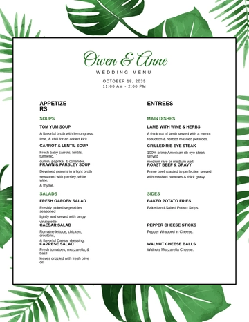 Free Tropical Wedding Menu Template to Edit Online