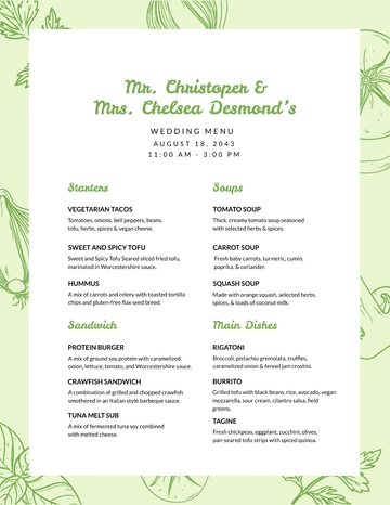 Free Vegetarian Wedding Menu Template to Edit Online