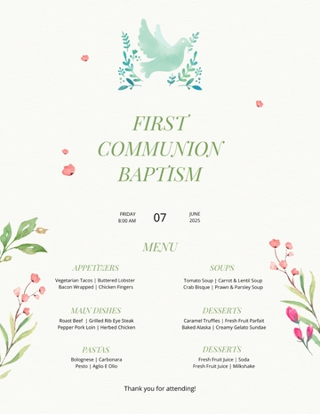 Free First Communion Baptism Menu Template to Edit Online