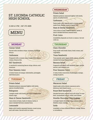 Free High School Menu Template to Edit Online
