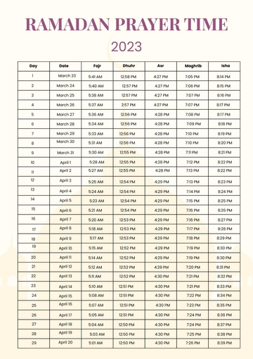Free Ramadan Prayer Time Chart Template to Edit Online
