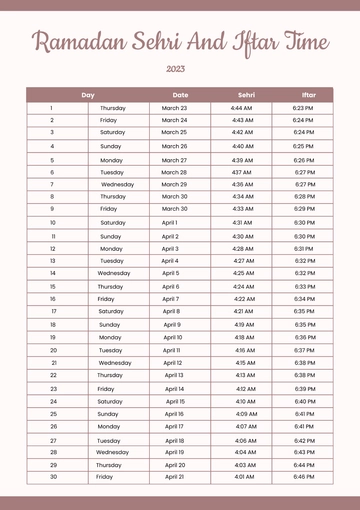 Free Ramadan Sehri and Iftar Time Chart Template to Edit Online