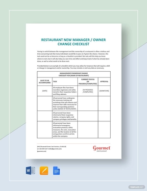 Restaurant New Manager / Owner Change Checklist Template