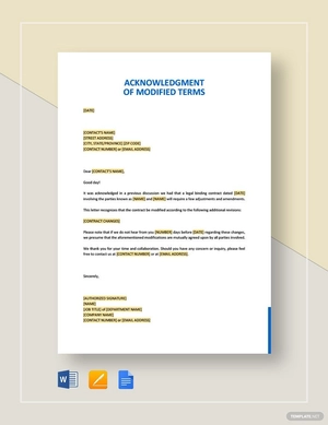 Acknowledgment of Modified Terms Template