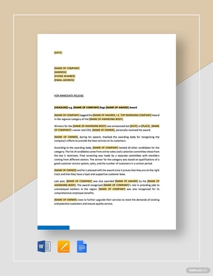 Press Release Company Won an Award Template