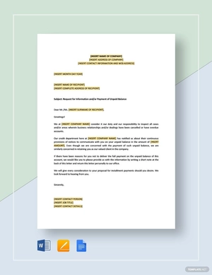 Request for Information and or Payment of Unpaid Balance Template