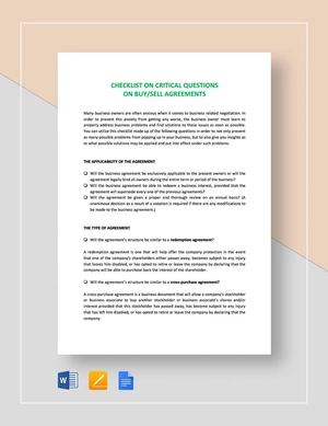 Checklist Sale of a Business / Critical What if Template Checklist Sale of a Business / Critical What if Template