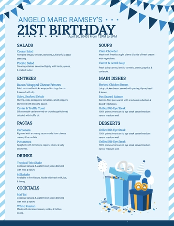 Free Blue Birthday Menu Template to Edit Online