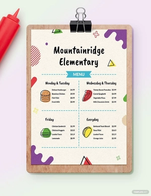 Elementary School Menu Template